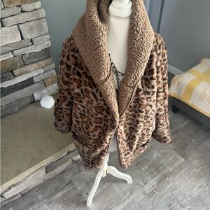 Reversable Leopard Print Teddy Coat with Shawl Collar